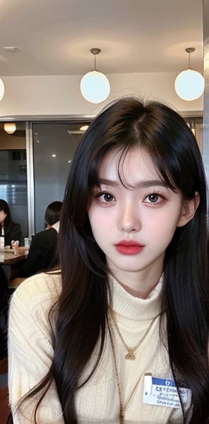 lovely cute young attrative korean teenage girl blacke corp 23 years old an instagram model long bold_ hair colourfull hairs,winter, sitting in a Coffee shop,korea