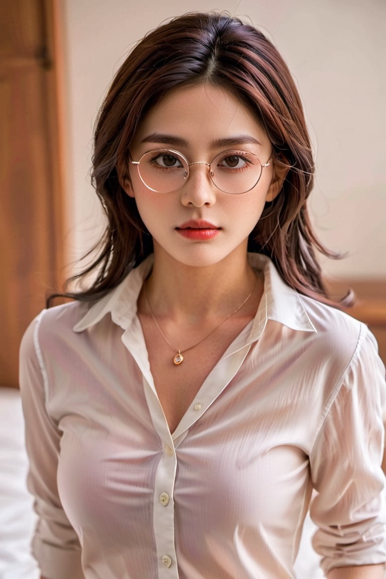 8k, (masterpiece:1.4), ultra detailed, (realistic, photo realistic:1.37), high detail RAW color photo, (full body photograph:1.4), An alluring ((25-years-old mixed (dilraba dilmurat : 0.7)-(alexandra daddario : 0.7)-(japanese-korean) woman)), sweating a lot (sweaty body:1.3), (moist body:1.3), (shiny body:1.3), (wet hair:1.1), (shoulder-length hair, purple - shaded blue hair), wearing ((torn beige unbuttoned top shirt and skirt teacher uniform)), round glasses, gold diamond necklace. (((reclining on the bed with hand tied up))), teary eyes, crying, drunk face, scared look. 165 cm, slight cleavage. Professional Photography, Hyper Realism, volumetric lighting, ambient lighting, sunset, hot summer, humid, hyperdetailed,  extremely detailed face, extremely detailed eyes, extremely detailed skin, extremely detailed nose, extremely detailed mouth, perfect anatomy. photo from above, ,1 girl ,xxmix_girl