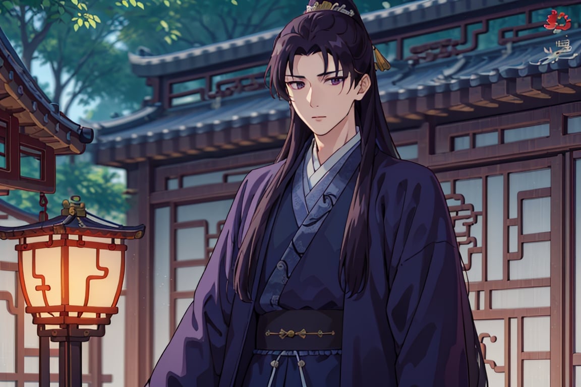 In ancient China, a female with light purple clothes standing behind a male with black clothes, outside, 