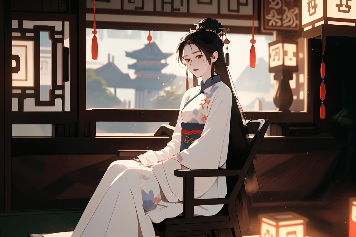 In ancient China, night, indoors, A woman in pure white clothes sitting in a chair, indoors,ancient_chinese_indoors, at noon