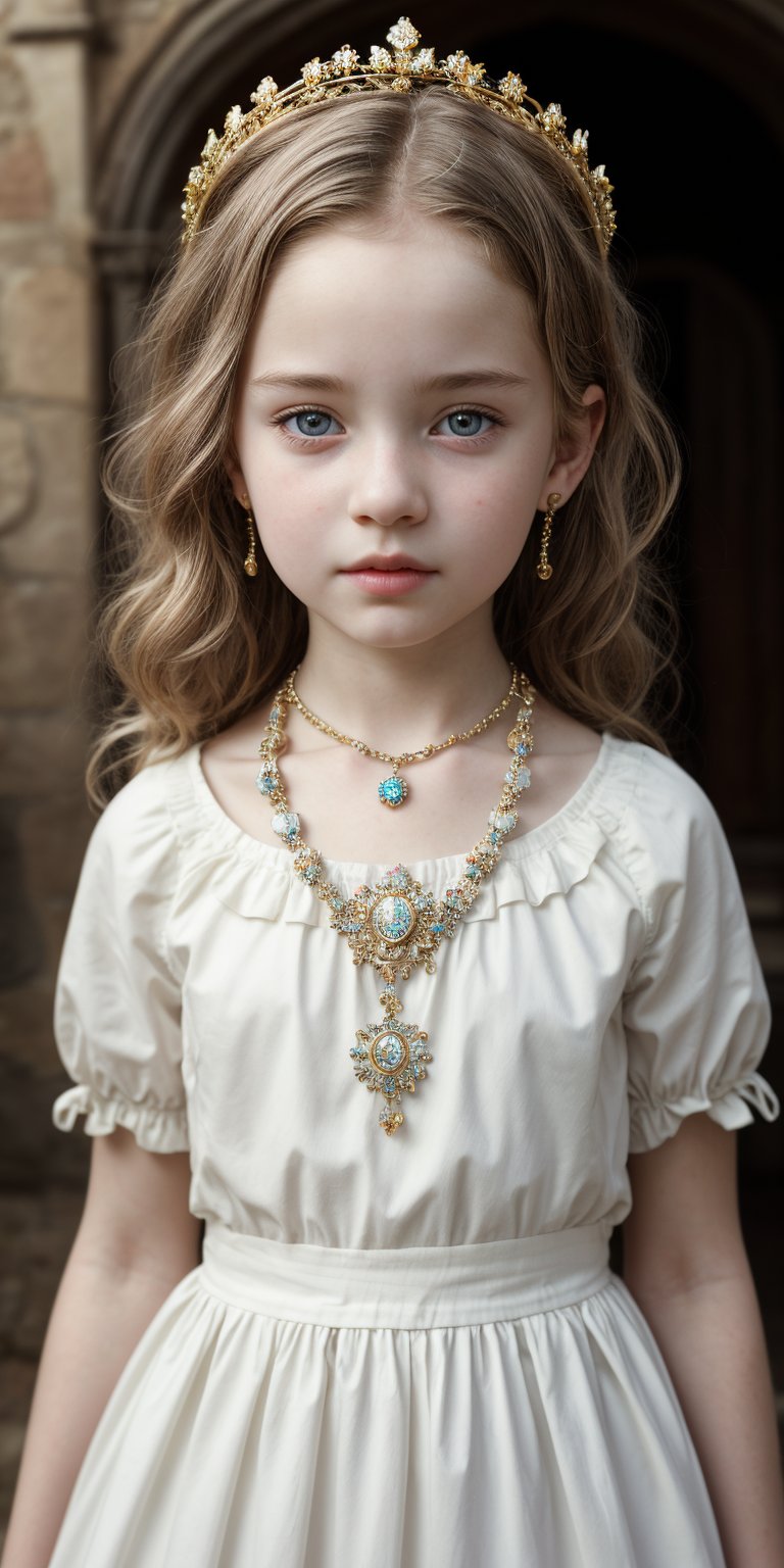 Little girl, 9 yo, white skin, Beautiful, face, 8K, HDR, Masterpiece, Hyperrealistic, portrit of a little girl with perfect body, detailed face, sweet,  in a medieval town, beautiful, REALISTIC, necklace, earring, queen crown,