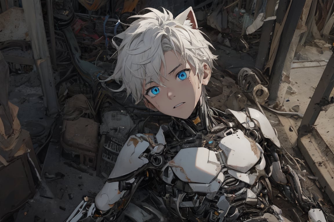 In a dimly lit junkyard, a ravaged android boy lies in pieces. His blue eyes, now dimmed, gaze up at the twisted metal and wires that once comprised his mechanical body. A machine cat ear and white hair remain intact amidst the destruction. The camera frames the devastation from above, highlighting the shredded torso, one exposed breast, and gaping holes in his damaged mechanical parts. The boy's face contorts in a mix of pain and despair, as if screaming silently amidst the ruin. Junkyard debris surrounds him, with discarded metal scraps and torn fabric adding to the sense of desolation.,Mecha