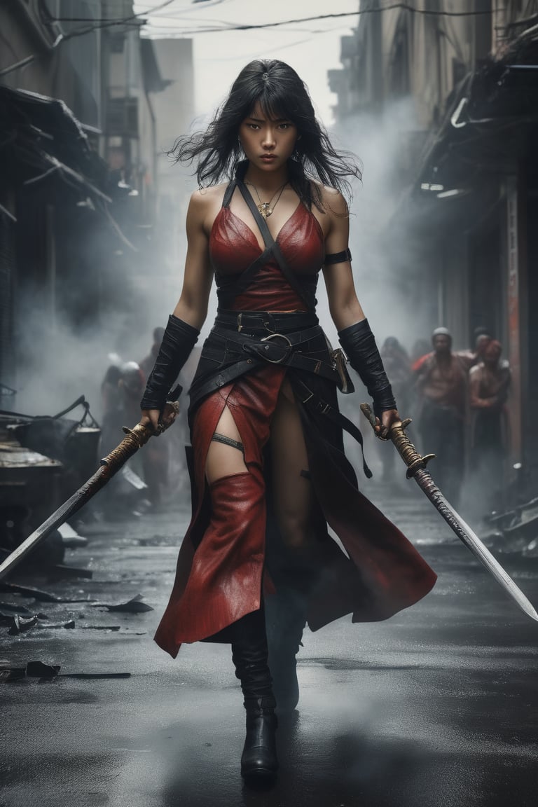 A fierce warrior woman in a red and black costume, with a chain attached to her weapon, stands in a smoke-filled street, her expression determined and her gaze intense. She is surrounded by the chaos of a battle, but she stands her ground, ready to fight. [Photorealistic digital painting, inspired by the works of  Yoshitaka Amano and  Ayami Kojima], [Dramatic lighting, focus on the woman's face and her powerful pose, blurred background with a sense of depth, textured surfaces, a sense of danger and action].