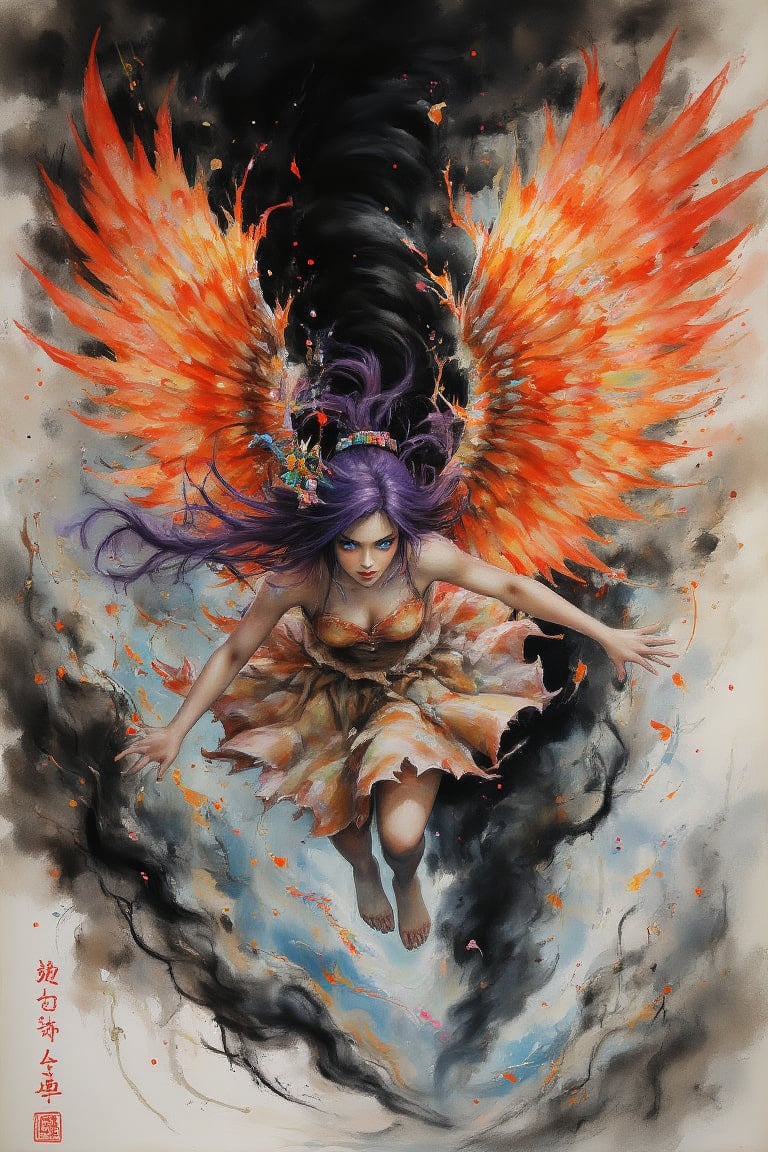 Traditional Japanese ink wash painting, sumi-e style, bold strokes with modern elements, splashes of color for contrast.
Kaori Amane, mid-flight, speeding above the dense and ominous Aokigahara forest, her mechanical phoenix wings flaring with red-orange feathers intertwined with metallic components. A swirling black tornado of dark energy erupts fro m the forest below, pulling her into its vortex. 
The winds tear at her wings, causing them to flicker and sputter, the fiery embers fading as they spiral in the storm. 
Her sleek purple-blue hair, tangled with colorful ribbons, whips violently in the tornado as she fights to escape. Kaori’s earth-toned dress and fitted leggings swirl chaotically as she is dragged toward the forest below, her wide, expressive blue eyes reflecting panic and confusion.