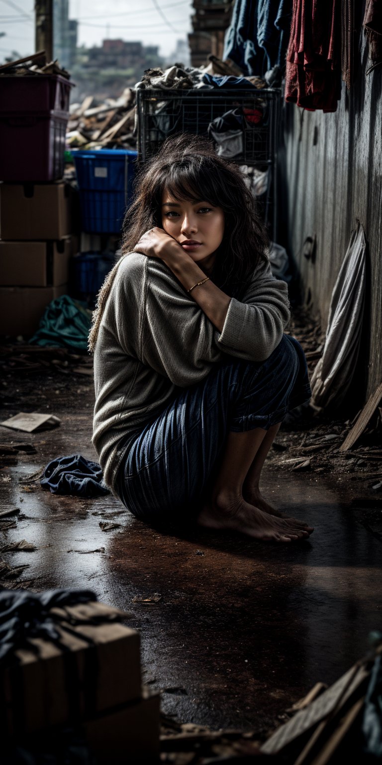 In a dim corner, amidst the ruins of a dilapidated old house, a destitute woman finds herself sheltering among a pile of rubble. Her tattered clothes, disheveled hair, and emaciated figure bear witness to the hardships and suffering she endures in this abandoned place. 

The crumbling roof has collapsed, scattering debris and shards around her. She huddles within a heap of worn-out garments and cardboard boxes, seeking a semblance of warmth and cover in this woeful environment. The scene silently speaks of the presence of society's dark underbelly. 

There is no illumination here, only indifference and callousness. Passersby hurriedly avert their gaze, seemingly oblivious to this unsettling sight, as if the existence of this homeless woman holds no significance. Her presence vividly embodies the injustices and wealth disparities within society, serving as a grim reminder that many individuals are forgotten and marginalized in this modern world. 

This scene highlights some heartbreaking realities of our society, urging us to acknowledge and confront these issues. It stirs contemplation on poverty, homelessness, and social inequality, hoping to awaken empathy and inspire collective efforts in creating a fairer and more inclusive society.