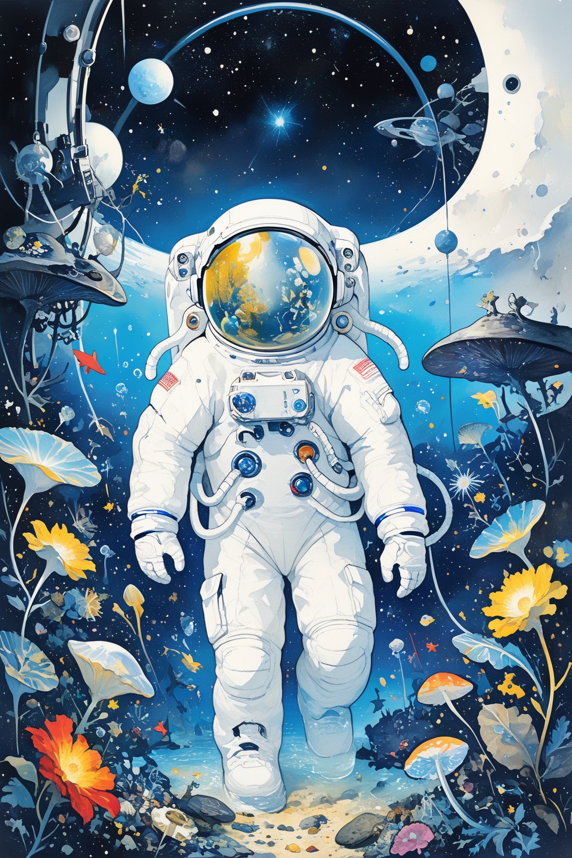 A bioluminescent astronaut in a hi-tech space suit, floating in the dark space among glowing asteroids, surreal photography, cosmic wonder, (by Tim Walker & NASA & Salvador Dali), neon colors, high contrast, featured on National Geographic, outer space scene, realistic details, high resolution