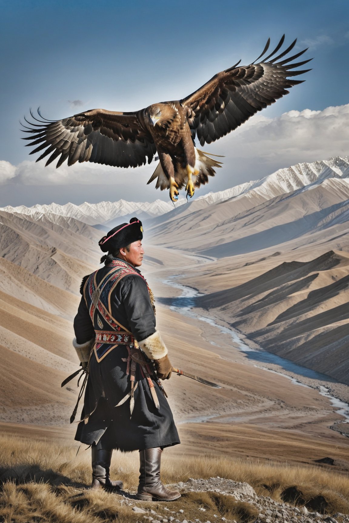 In a sweeping landscape, a moment unfolds where a Kazakh eagle hunter releases his golden eagle to capture its prey. The hunter, adorned in traditional Kazakh garments, stands tall and proud, radiating a deep connection with nature and ancient traditions.

With a swift motion, the hunter's gloved hand releases the majestic golden eagle from its perch. The bird takes flight, its massive wings spanning wide against the backdrop of the vast sky. The golden feathers of the eagle shimmer in the sunlight, a symbol of power and grace.

As the eagle soars through the air, its sharp gaze fixates on its target below. With astonishing precision, it dives towards its quarry, talons outstretched, ready to seize its prey. The tension in the moment is palpable, a testament to the bond between human and bird, both united in their pursuit of survival.

In the blink of an eye, the golden eagle's talons find their mark, firmly gripping the unsuspecting prey. The hunter, a master of this ancient art, watches with a sense of accomplishment and respect for the bird's natural instincts and skill.

This fleeting moment captures the essence of the Kazakh eagle hunting tradition, a harmonious partnership between man and bird, rooted in centuries-old culture. It reflects the deep reverence for nature, the artistry of falconry, and the preservation of ancestral heritage.

The image encapsulates the raw beauty and untamed spirit of the Kazakh eagle hunter and their golden eagle, embodying the enduring bond between human and animal, and the timeless pursuit of survival in the vastness of the Kazakh wilderness.