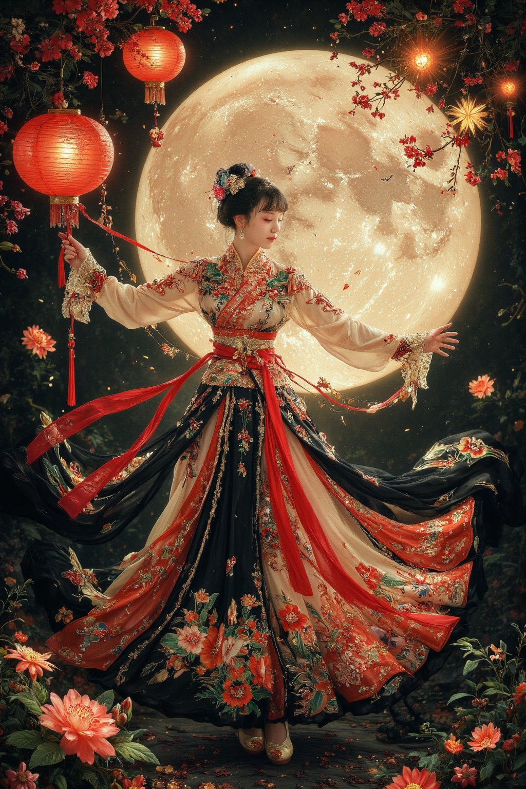 a young women (aged 20) in traditional Chinese dance costumes dancing around the Moon. Girls' expressions show passion and joy for music. Surrounding her: mooncakes and lanterns emerging from their movements. Text: "中秋節快樂！" in playful, large font. Details: "人月兩團圓", Style: Dreamlike, magical realism, cold colors (black, golds). Incorporate delicate line art and paint splatters for texture. 