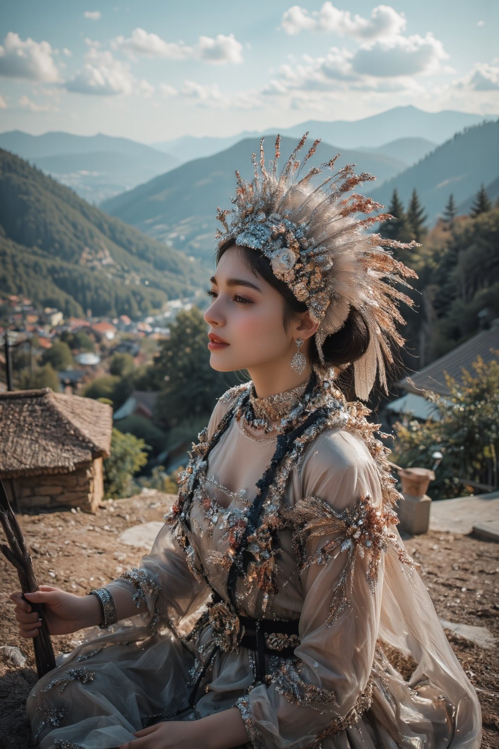 A young woman in a stunning silver headdress and traditional attire sits on a rooftop, her gaze directed towards the horizon. Her expression is one of joy and wonder, her smile radiating warmth and happiness. The background features a picturesque village nestled amidst rolling hills, creating a sense of tranquility and beauty. The scene is filled with a sense of cultural richness and a celebration of traditional dress. [Photorealistic portrait, inspired by the works of  Annie Leibovitz and  Steve McCurry], [Natural light, focus on the woman's face and her traditional attire, blurred background with a sense of depth, textured surfaces, a sense of cultural richness and beauty].