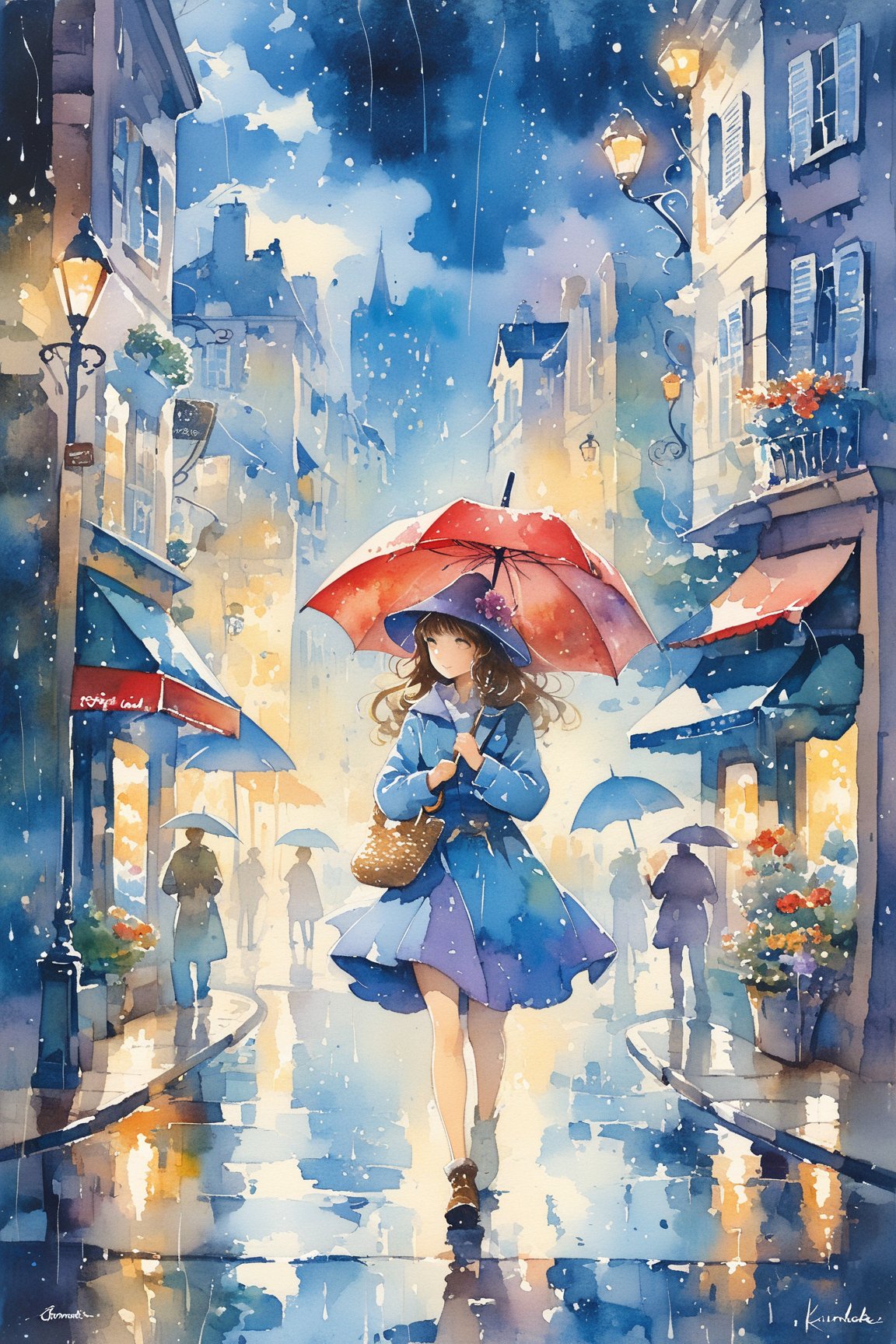 Painting of a woman walking in the rain with an umbrella, watercolour  detailed art, masterful, detailed watercolour, by Antoine Blanchard,  vibrant detailed watercolour painting, city at night in the rain,  colourful details, romanticism art style, romantic painting, gorgeous  painting, Thomas Kinkade, atmospheric painting, rainy night city street,  ambient lighting