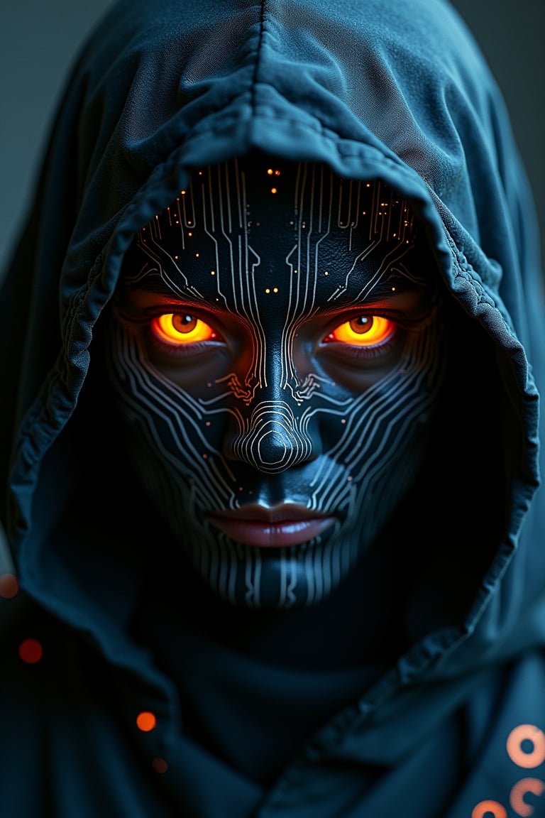 Masterpiece, professional, award-winning, intricate details, ultra high detailed, 64k, volumetric light, dynamic lighting, Movie Aesthetic, action shot, photo real, cinematic moviemaker style. Cyberpunk portrait, featuring glowing black circuit board tattoos inked on face held in dramatic cinematic lighting, embodying an epic skin detail, draped in a feudal ninja attire with a hint of sci-fi darkness, a silent fighter costumed in a satin-textured, glitchy and foggy shinobi robot ensemble.