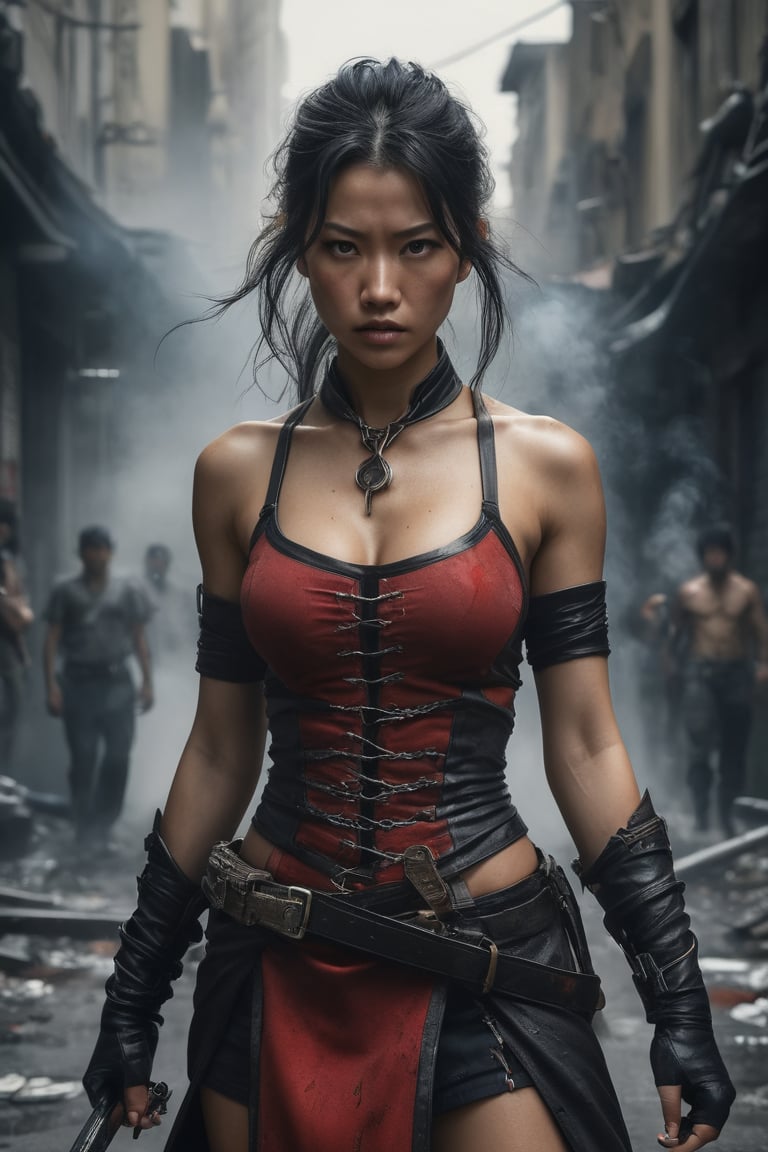 A fierce warrior woman in a red and black costume, with a chain attached to her weapon, stands in a smoke-filled street, her expression determined and her gaze intense. She is surrounded by the chaos of a battle, but she stands her ground, ready to fight. [Photorealistic digital painting, inspired by the works of  Yoshitaka Amano and  Ayami Kojima], [Dramatic lighting, focus on the woman's face and her powerful pose, blurred background with a sense of depth, textured surfaces, a sense of danger and action].