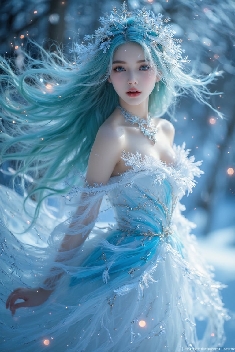 A young woman with long, flowing turquoise hair and bright blue eyes stands in a dreamy, ethereal setting. She wears a flowing white and blue dress, adorned with delicate snowflakes and sparkling lights. The scene is filled with a sense of wonder and magic, as if she is a celestial being from another world.  [Anime style digital painting, inspired by the works of  Yoshitaka Amano and  Ayami Kojima], [Vibrant, saturated colors, dynamic lines, detailed textures, focus on the woman's face and her ethereal beauty, blurred background with a sense of depth, a touch of fantasy and mythology].