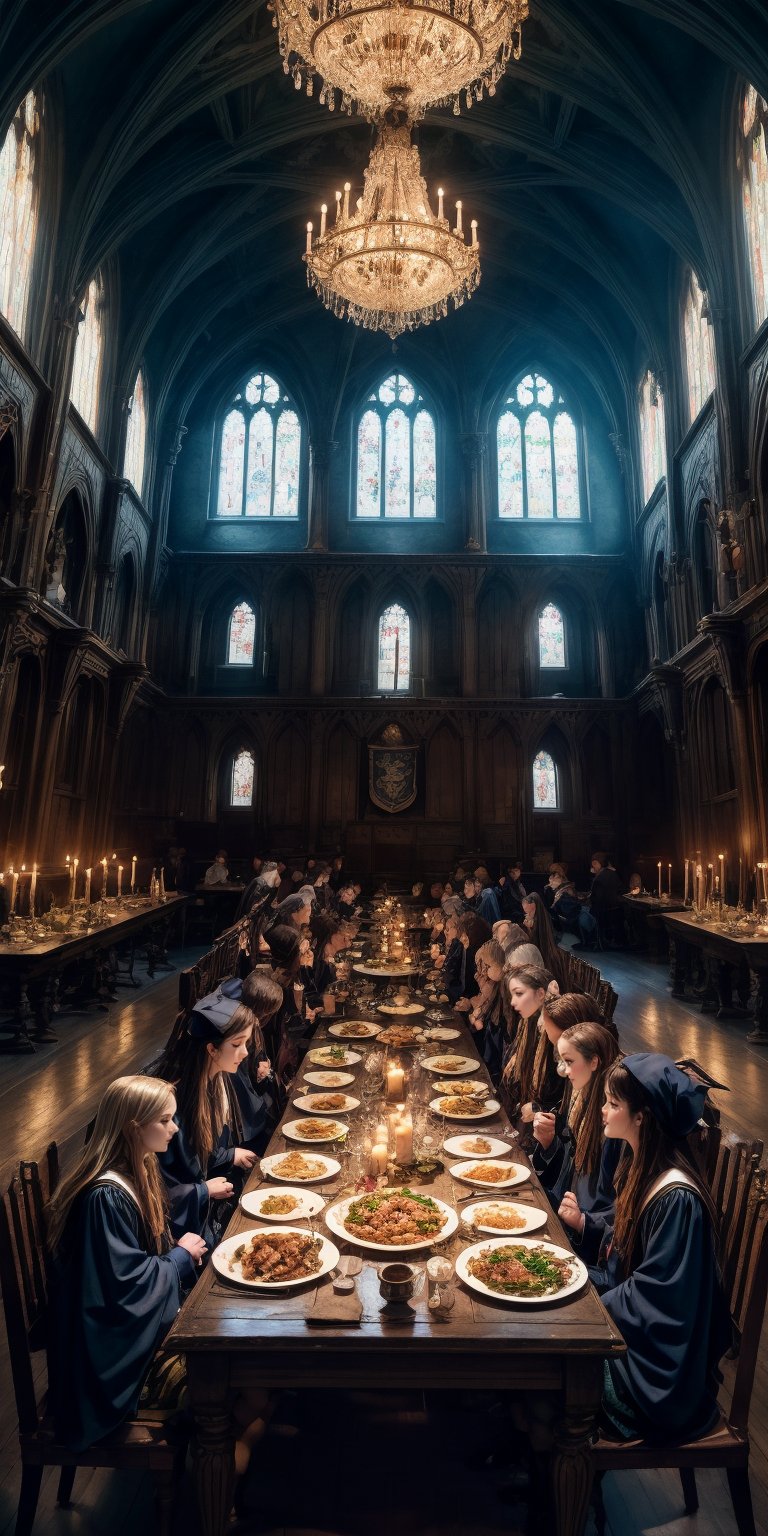 Step into the magnificent Great Hall of Hogwarts School of Witchcraft and Wizardry, where students gather to savor a delightful evening meal in a truly magical setting. The illustration captures the enchanting scene as young witches and wizards fill the long tables, enjoying the camaraderie and nourishment of a shared meal.

The Great Hall is adorned with floating candles, casting a warm glow upon the room. The ceiling, bewitched to resemble the starry night sky, adds a touch of wonder to the atmosphere. Banners representing the four Hogwarts houses—Gryffindor, Hufflepuff, Ravenclaw, and Slytherin—hang proudly, evoking a sense of identity and unity.

Students, dressed in their distinctive Hogwarts robes, gather around the long tables, engaging in lively conversations and laughter. The aroma of delicious food fills the air as platters of magical dishes, including roast meats, hearty stews, and delectable desserts, are set before them.

House-elves, adorned in their tea towels, diligently serve the students, ensuring that every plate is filled with scrumptious offerings. With a wave of their wands and a sprinkling of magic, the tables are replenished with an abundance of food, seemingly endless in its variety and flavor.

The students' faces reflect a range of emotions—from contentment to excitement—as they relish the delectable cuisine and connect with their fellow Hogwarts classmates. The Great Hall buzzes with the energy of shared stories, laughter, and the clinking of cutlery against plates.

Faculty members, including the headmaster or headmistress, preside at the high table, keeping a watchful eye over the students' well-being and fostering a sense of community. Their presence adds an air of wisdom and guidance to the dining experience.

In the background, the grandeur of the Hogwarts castle can be glimpsed through the towering windows, reminding the students of the rich history and tradition that surrounds them. The Great Hall becomes a space for nourishment, not only of the body but also of the mind and spirit.

This depiction of students enjoying dinner in the Great Hall celebrates the importance of communal dining and the bonds forged over shared meals. It invites viewers to imagine themselves as part of this enchanting experience, savoring the flavors of the wizarding world and embracing the warmth and togetherness that Hogwarts offers.