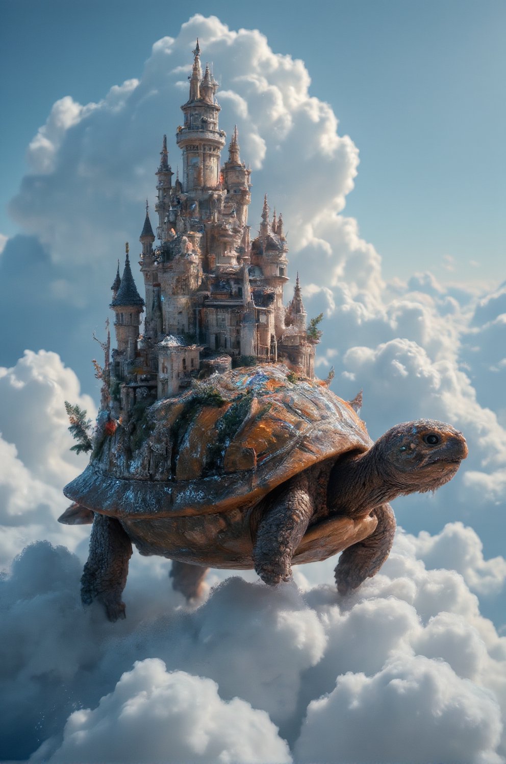 A castle built on the turtle's back and the turtle is walking on the clouds , Midjourney_Whisper