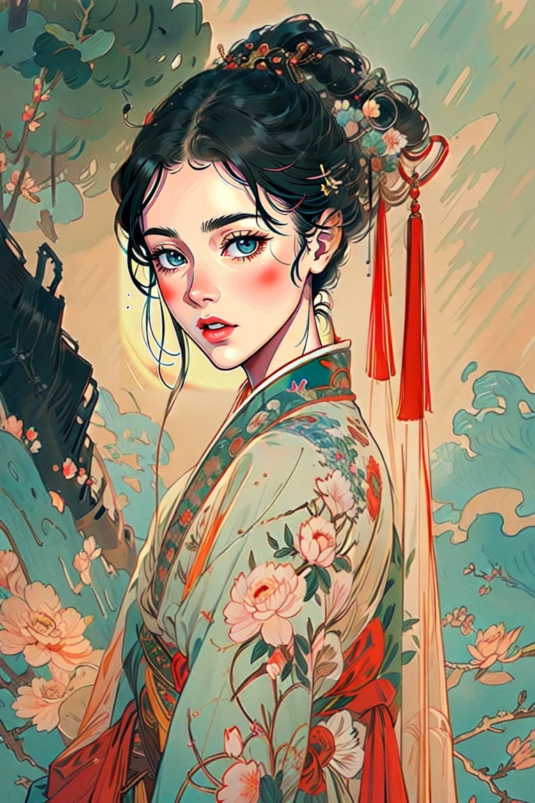 Cute Chinese girl,Tang Dynasty.ancientstyle. front view,Full Length Shot,beautiful, retro, transparent color Soft light, pastel colors, soft contours, bi eyes,animeillustration,best quality,8k,ultra detailed --ar 9:16 --niji 5 --s 50