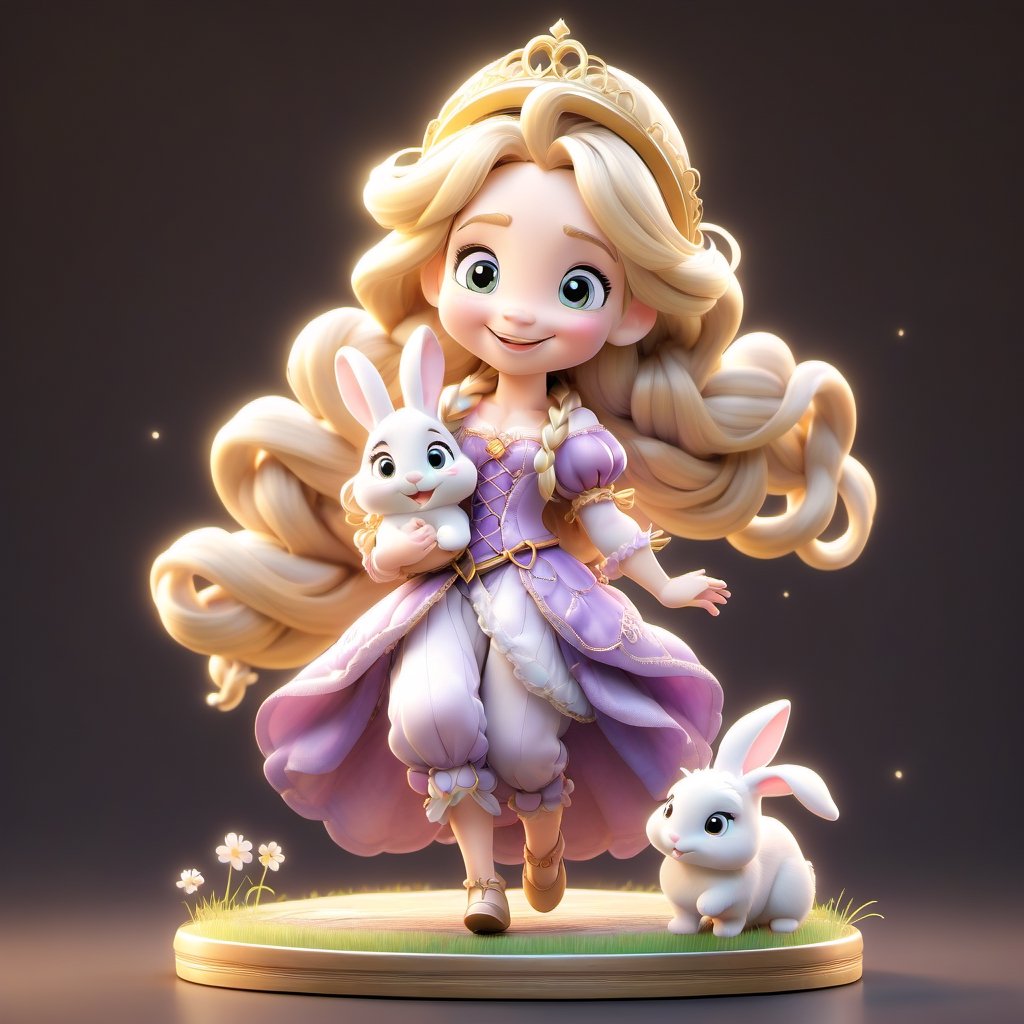 Princess Rapunzel, blonde hair, half-length photo, holding a cute bunny, smiling, fine details, super high resolution, best quality, anime texture,