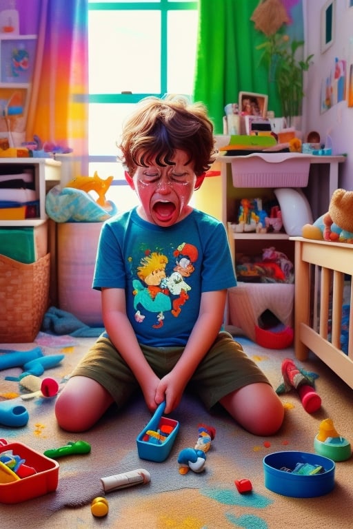 Colorful and vibrant illustration of a young boy, upset and crying, being punished with extra chores for disobedience. The style is reminiscent of children's book illustrations by Quentin Blake or Roald Dahl. The colors are bright and bold, adding to the emotional impact of the scene. The details in the background show a messy room with toys scattered around, emphasizing the child's disobedient behavior. This illustration captures both the innocence and mischievousness of childhood in a realistic yet whimsical way.