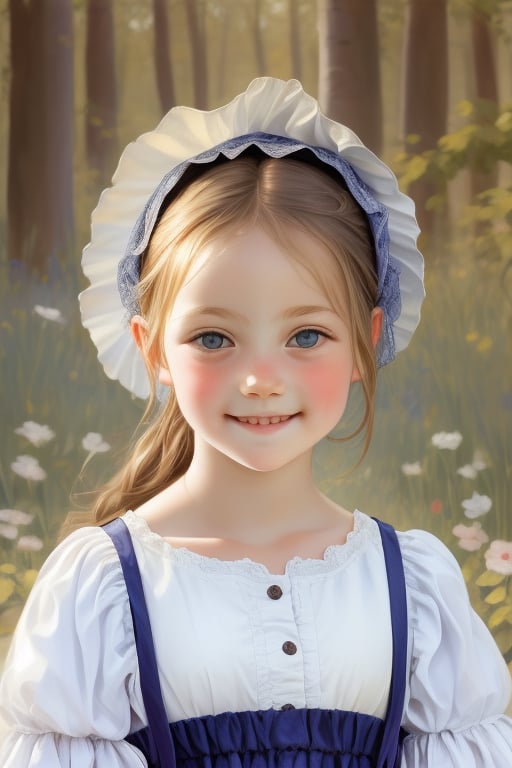 Highly detailed portrait of a young Amish girl, wearing a traditional bonnet and smiling softly, realistic oil painting style by Johannes Vermeer or Albrecht Dürer, intricate details in the fabric of her dress and bonnet, soft lighting to enhance her innocence and purity.