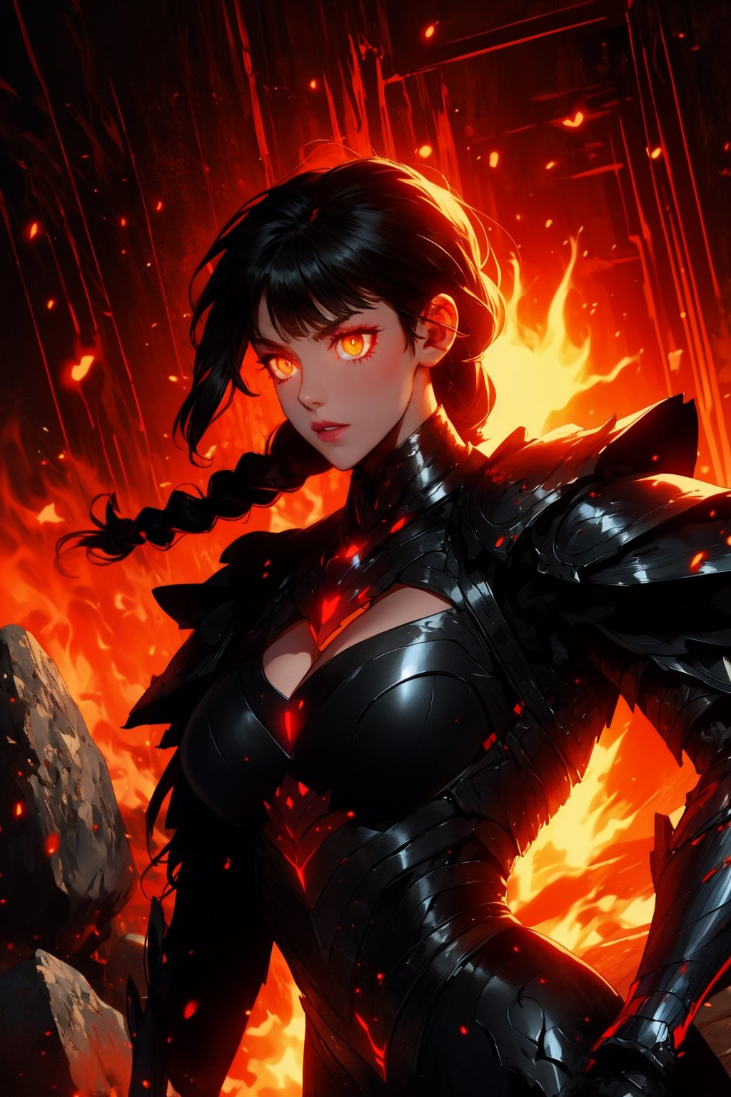 Beautiful 27 year old woman, ((red glowing eyes)), ((strong physique body)), (black hair), long_hair: 1.3, hair braid, bangs, serious look, hourglass body shape, detailed eyes, normal breasts quality, slim waist, (((strong physique body))), upper body knight armor, gauntlets, (detailed armor), lower body armor, broken stone floor, broken stone wall, fire surrounding, ((full-body_portrait))