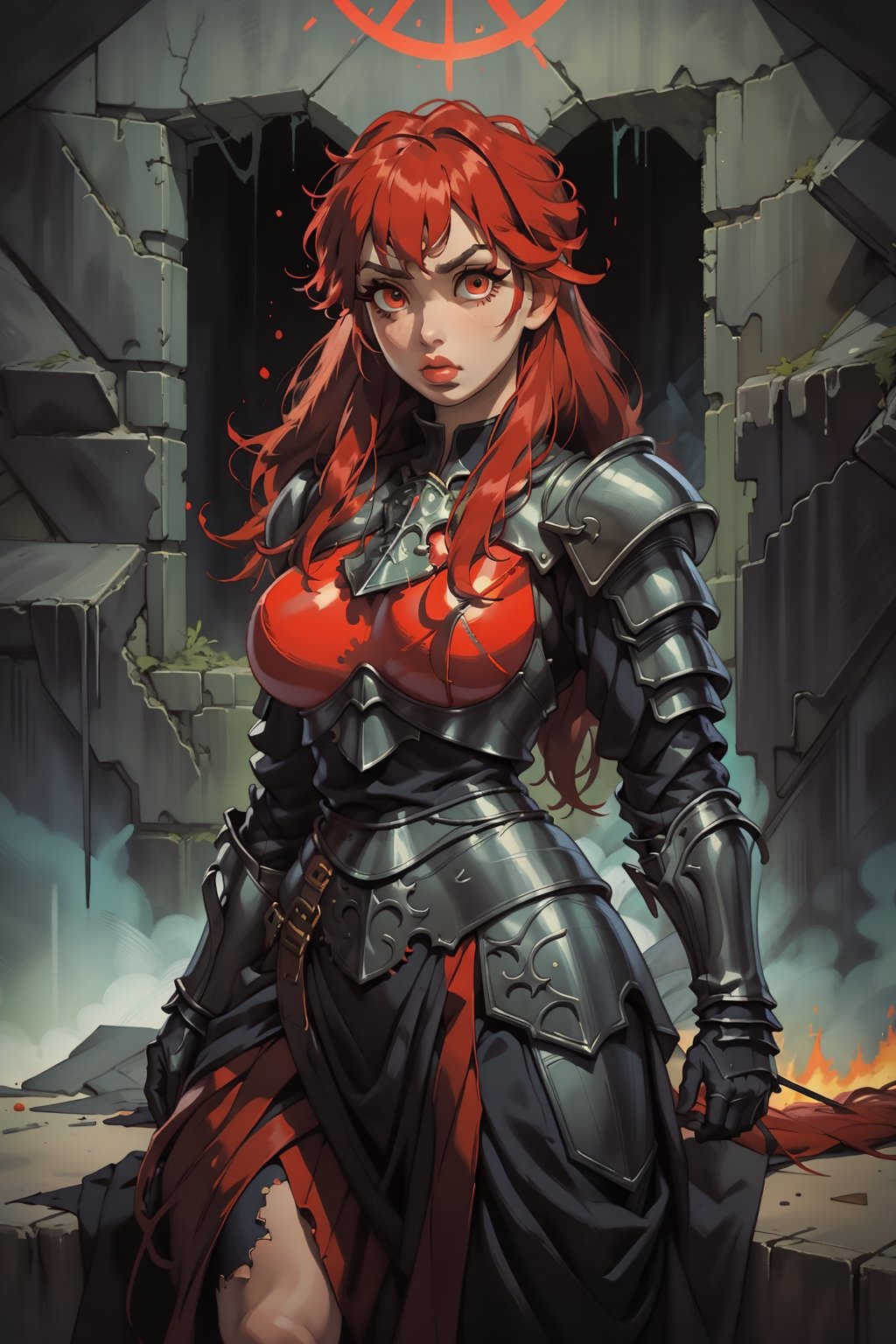 Beautiful 27 year old woman, ((red glowing eyes)), ((strong physique body)), (black hair), long_hair: 1.3, hair braid, bangs, serious look, hourglass body shape, detailed eyes, normal breasts quality, slim waist, upper body knight armor, gauntlets, (detailed armor), lower body armor, broken stone wall, fire surrounding, (((full-body_portrait))), ((full legs)), nodf_lora,Masterpiece,1 girl, highres, score_9_up,score_8_up,score_7_up,green theme,viking,SAM YANG,yunjindef,xiala