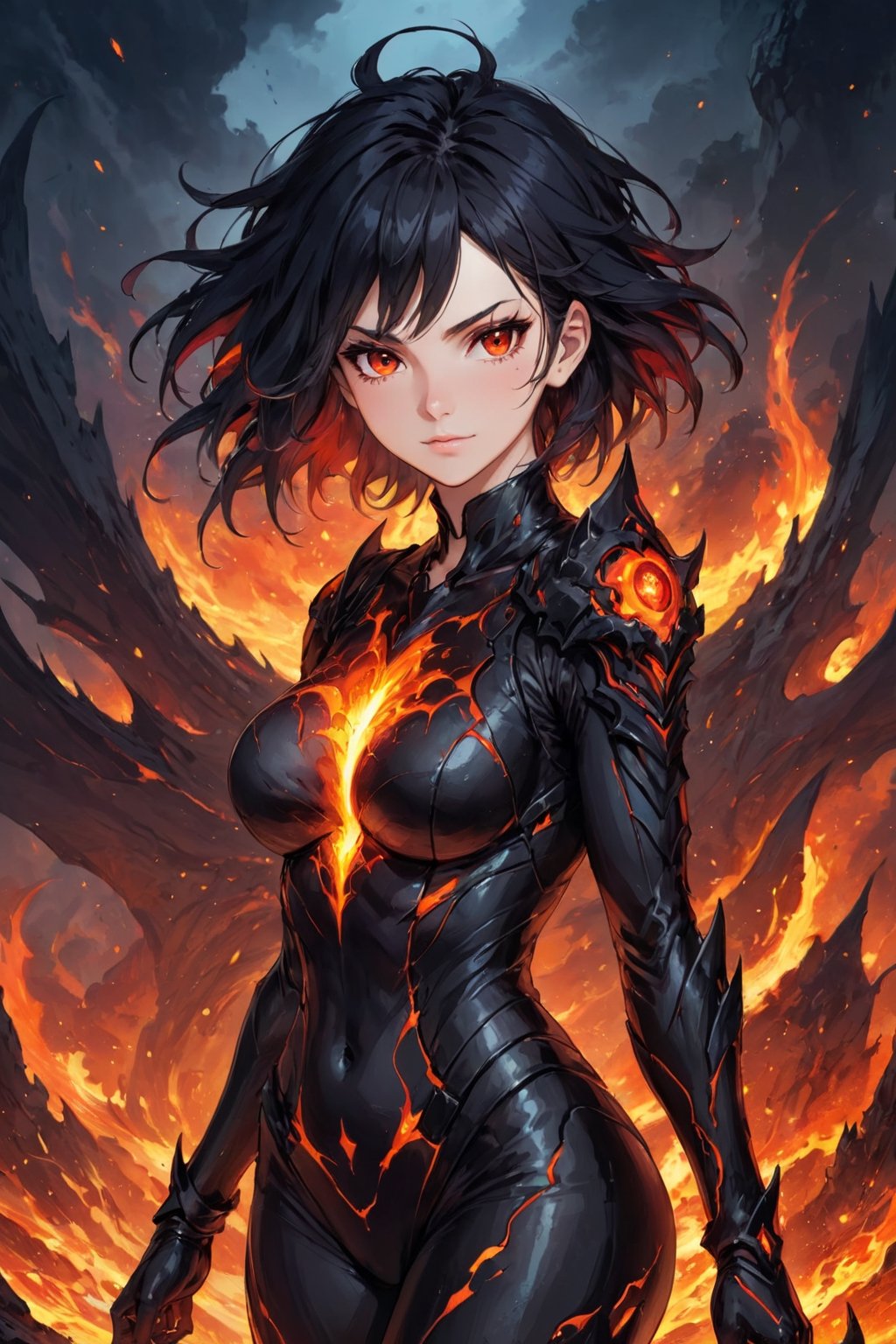 fyre colors picture about demonic female as a game character, we see incredibly beautiful creation with evil smile, she is a magma creation, very beautiful and dangerous also, cooled magma is her clothes, dystopic landscape, black hair, red eyes, medium breast, (((masterpiece))), e, (((manga style))), insanely detailed, (((masterpiece))), best quality, 8k, ultra high res, High contrast and low saturation, by badabum27