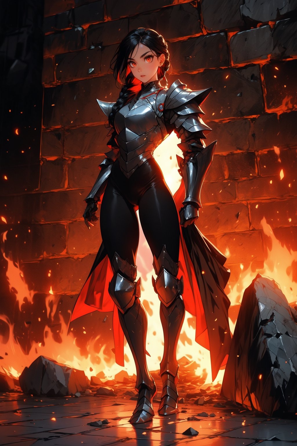 Beautiful 27 year old woman, ((red glowing eyes)), ((strong physique body)), (black hair), long_hair: 1.3, hair braid, bangs, serious look, hourglass body shape, detailed eyes, normal breasts quality, slim waist, (((strong physique body))), upper body knight armor, gauntlets, (detailed armor), lower body armor, broken stone floor, broken stone wall, fire surrounding, ((full-body_portrait))