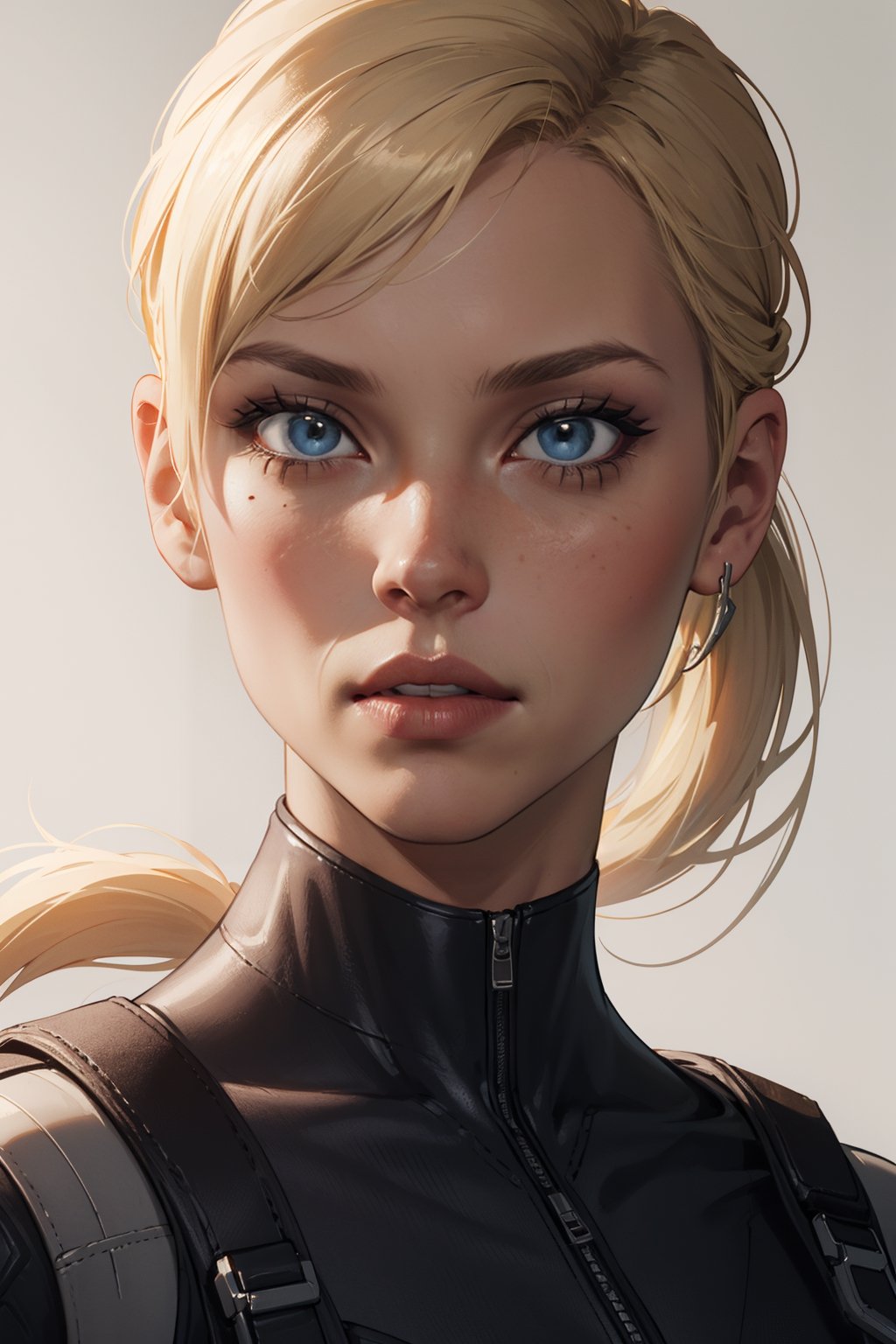 Portrait of Cassie Cage from the Mortal Kombat game. Blonde, long hair, ponytail, insanely detailed, (((masterpiece))), best quality, 8k, ultra high res, High contrast and low saturation,Cassie