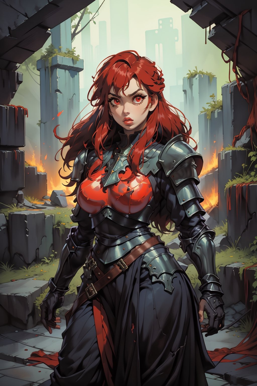 Beautiful 27 year old woman, ((red glowing eyes)), ((strong physique body)), (black hair), long_hair: 1.3, hair braid, bangs, serious look, hourglass body shape, detailed eyes, normal breasts quality, slim waist, upper body knight armor, gauntlets, (detailed armor), lower body armor, broken stone wall, fire surrounding, (((full-body_portrait))), ((correct legs)), nodf_lora,Masterpiece,1 girl, highres, score_9_up,score_8_up,score_7_up,green theme,viking,SAM YANG,yunjindef,xiala