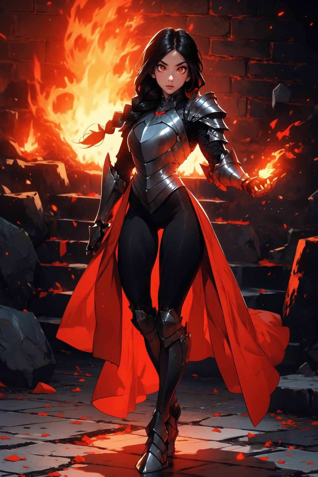 Beautiful 27 year old woman, ((red glowing eyes)), ((strong physique body)), (black hair), long_hair: 1.3, hair braid, bangs, serious look, hourglass body shape, detailed eyes, normal breasts quality, slim waist, (((strong physique body))), upper body knight armor, gauntlets, (detailed armor), lower body armor, broken stone floor, broken stone wall, fire surrounding, ((full-body_portrait))