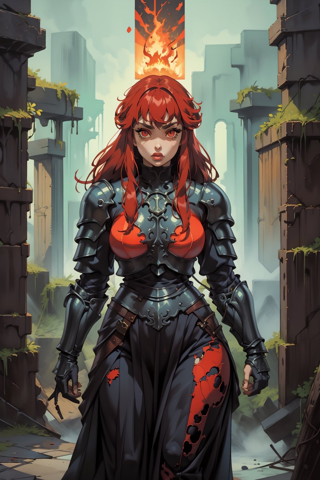 Beautiful 27 year old woman, ((red glowing eyes)), ((strong physique body)), (black hair), long_hair: 1.3, hair braid, bangs, serious look, hourglass body shape, detailed eyes, normal breasts quality, slim waist, upper body knight armor, gauntlets, (detailed armor), lower body armor, broken stone wall, fire surrounding, (((full-body_portrait))), ((correct legs)), nodf_lora,Masterpiece,1 girl, highres, score_9_up,score_8_up,score_7_up,green theme,viking,SAM YANG,yunjindef,xiala