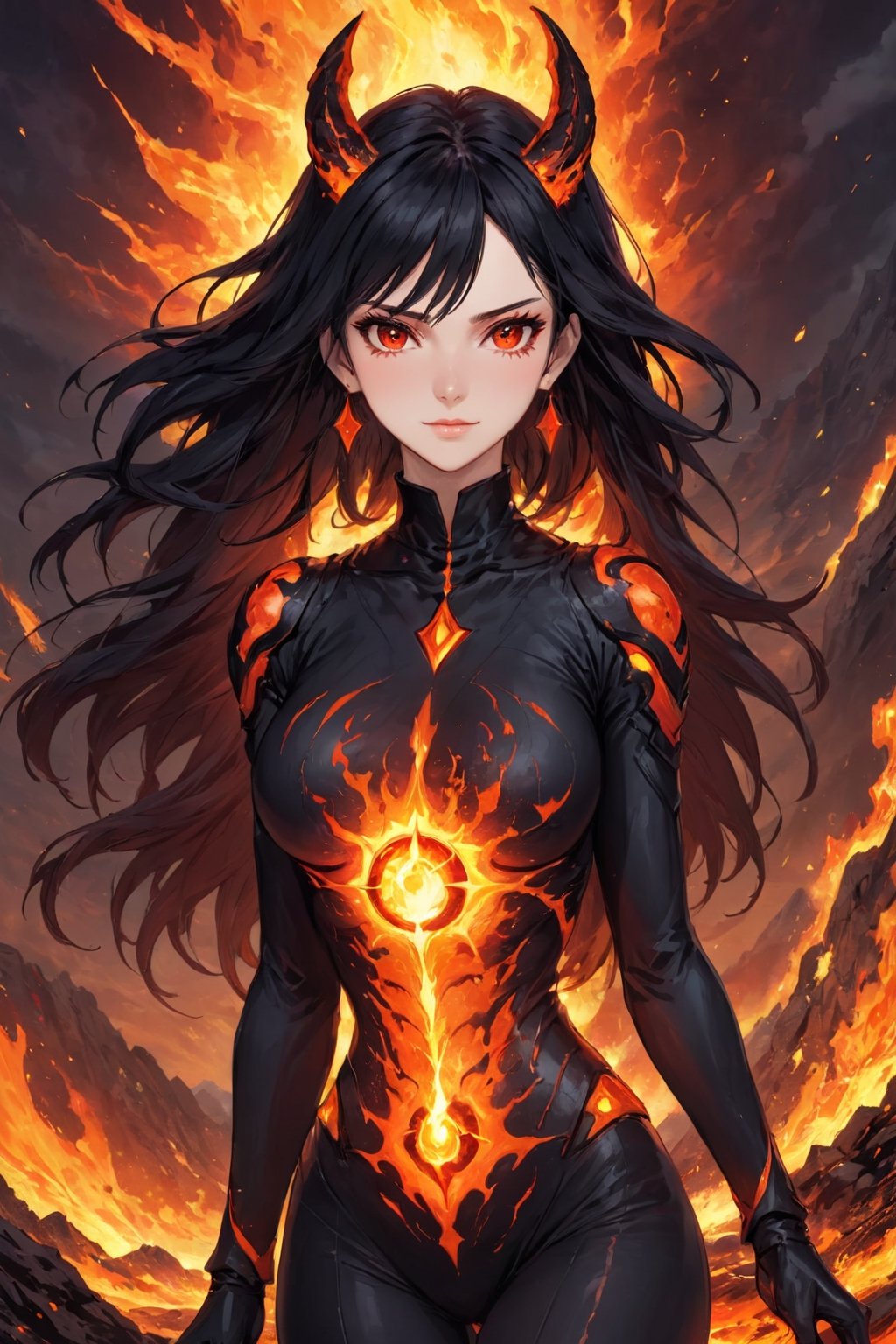 fyre colors picture about demonic female as a game character, we see incredibly beautiful creation with evil smile, she is a magma creation, very beautiful and dangerous also, cooled magma is her clothes, dystopic landscape, black hair, red eyes, medium breast, (((masterpiece))), e, (((manga style))), insanely detailed, (((masterpiece))), best quality, 8k, ultra high res, High contrast and low saturation, by badabum27