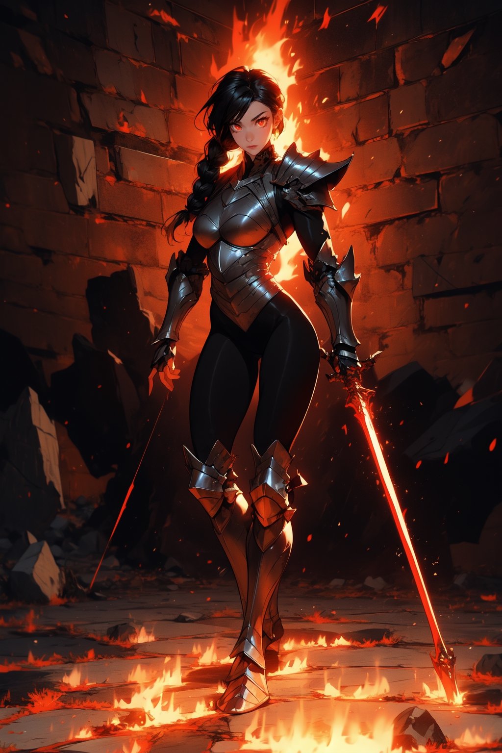 Beautiful 27 year old woman, ((red glowing eyes)), ((strong physique body)), (black hair), long_hair: 1.3, hair braid, bangs, serious look, hourglass body shape, detailed eyes, normal breasts quality, slim waist, (((strong physique body))), upper body knight armor, gauntlets, (detailed armor), lower body armor, broken stone floor, broken stone wall, fire surrounding, ((full-body_portrait))