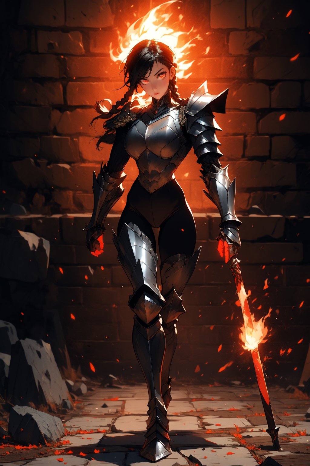 Beautiful 27 year old woman, ((red glowing eyes)), ((strong physique body)), (black hair), long_hair: 1.3, hair braid, bangs, serious look, hourglass body shape, detailed eyes, normal breasts quality, slim waist, (((strong physique body))), upper body knight armor, gauntlets, (detailed armor), lower body armor, broken stone floor, broken stone wall, fire surrounding, ((full-body_portrait))