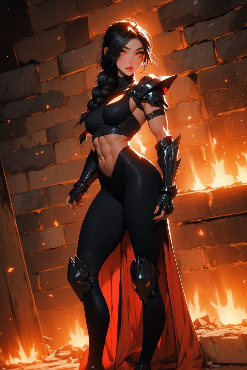 Beautiful 27 year old woman, ((red glowing eyes)), ((strong physique body)), (black hair), long_hair: 1.3, hair braid, bangs, serious look, hourglass body shape, detailed eyes, normal breasts quality, slim waist, (((strong physique body))), upper body knight armor, gauntlets, (detailed armor), lower body armor, broken stone floor, broken stone wall, fire surrounding, ((full-body_portrait))