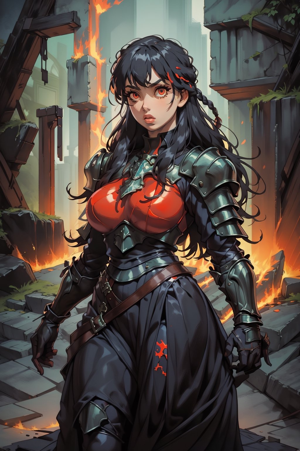 Beautiful 27 year old woman, ((red glowing eyes)), ((strong physique body)), (black hair), long_hair: 1.3, hair braid, bangs, serious look, hourglass body shape, detailed eyes, normal breasts quality, slim waist, upper body knight armor, gauntlets, (detailed armor), lower body armor, broken stone wall, fire surrounding, (((full-body_portrait))), ((full legs)), nodf_lora,Masterpiece,1 girl, highres, score_9_up,score_8_up,score_7_up,green theme,viking,SAM YANG,yunjindef,xiala