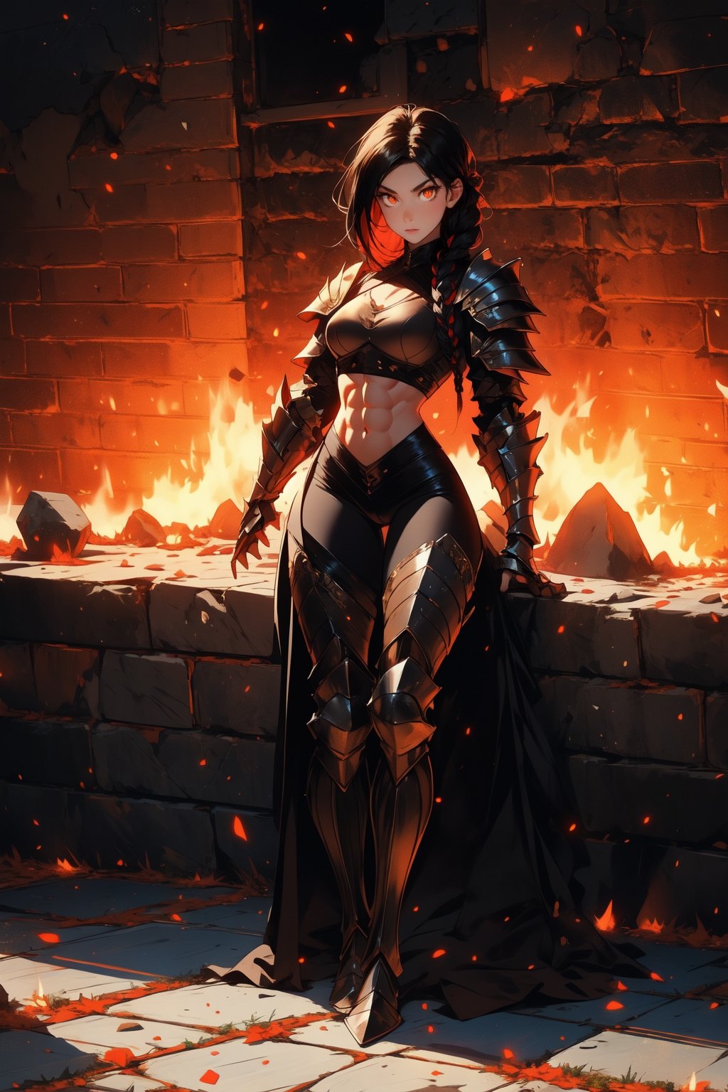 Beautiful 27 year old woman, ((red glowing eyes)), ((strong physique body)), (black hair), long_hair: 1.3, hair braid, bangs, serious look, hourglass body shape, detailed eyes, normal breasts quality, slim waist, (((strong physique body))), upper body knight armor, gauntlets, (detailed armor), lower body armor, broken stone floor, broken stone wall, fire surrounding, ((full-body_portrait))