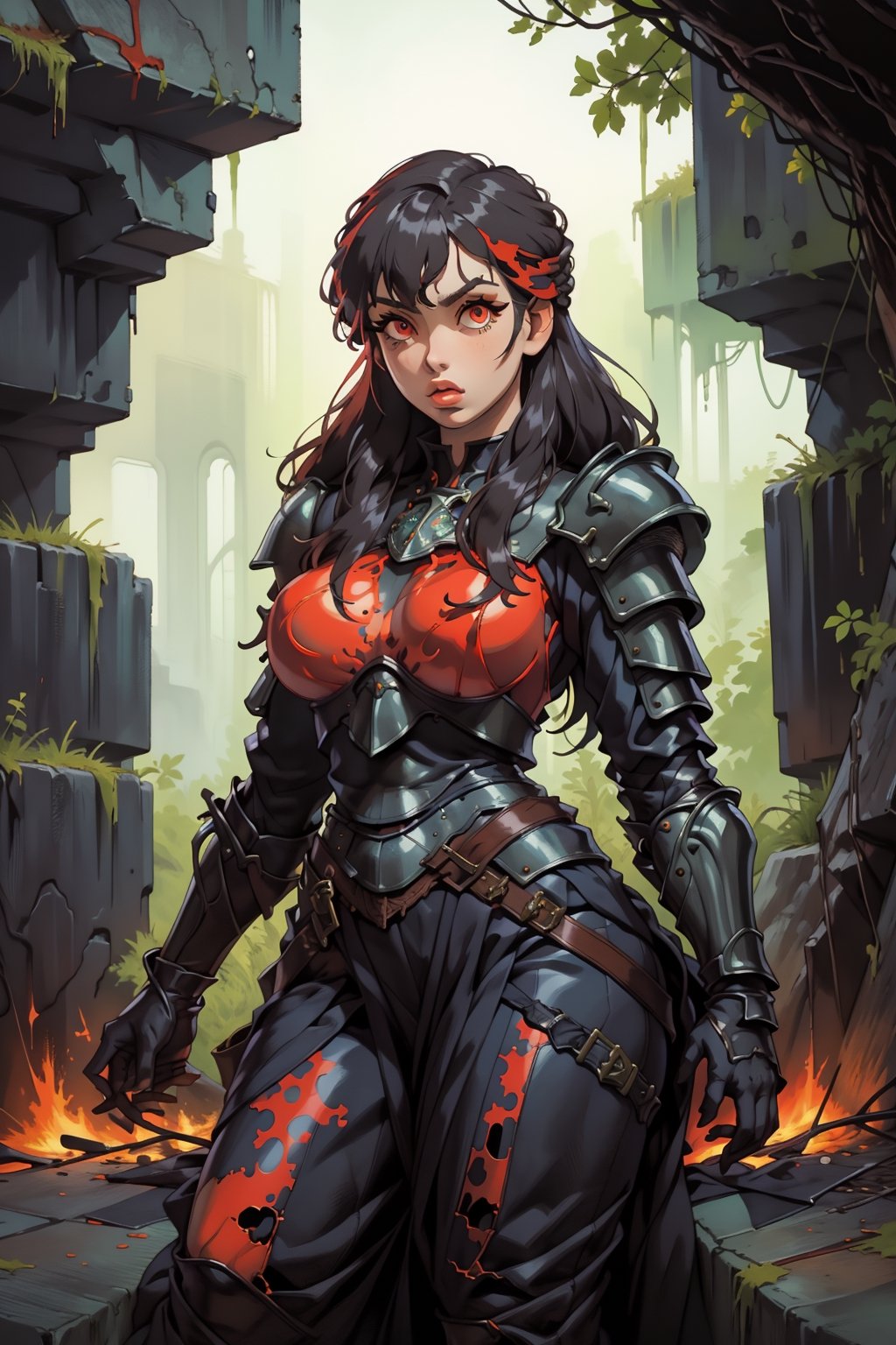 Beautiful 27 year old woman, ((red glowing eyes)), ((strong physique body)), (black hair), long_hair: 1.3, hair braid, bangs, serious look, hourglass body shape, detailed eyes, normal breasts quality, slim waist, upper body knight armor, gauntlets, (detailed armor), lower body armor, broken stone wall, fire surrounding, (((full-body_portrait))), ((correct legs)), nodf_lora,Masterpiece,1 girl, highres, score_9_up,score_8_up,score_7_up,green theme,viking,SAM YANG,yunjindef,xiala