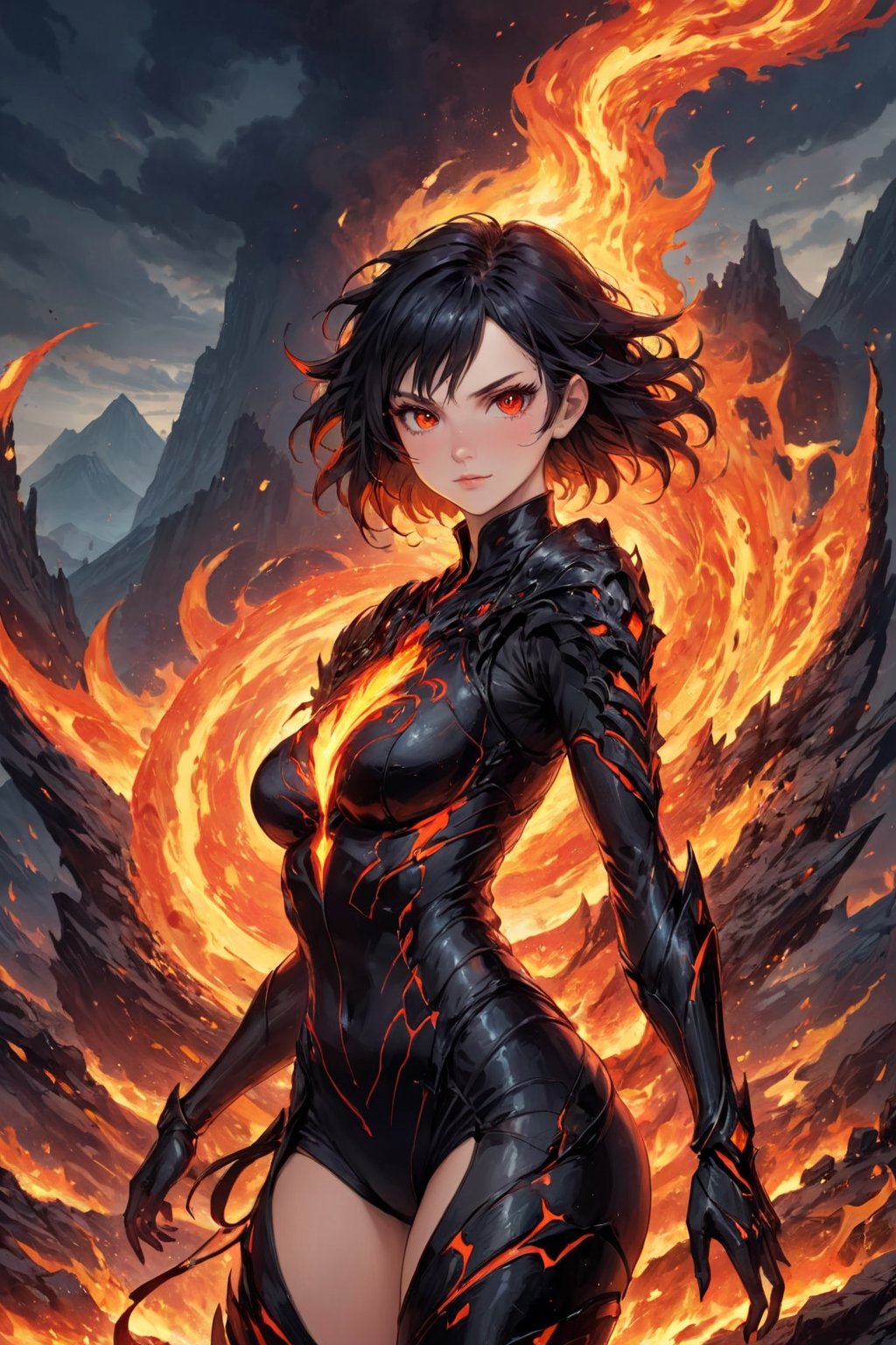 fyre colors picture about demonic female as a game character, we see incredibly beautiful creation with evil smile, she is a magma creation, very beautiful and dangerous also, cooled magma is her clothes, dystopic landscape, black hair, red eyes, (((masterpiece))), e, (((manga style))), insanely detailed, (((masterpiece))), best quality, 8k, ultra high res, High contrast and low saturation, by badabum27