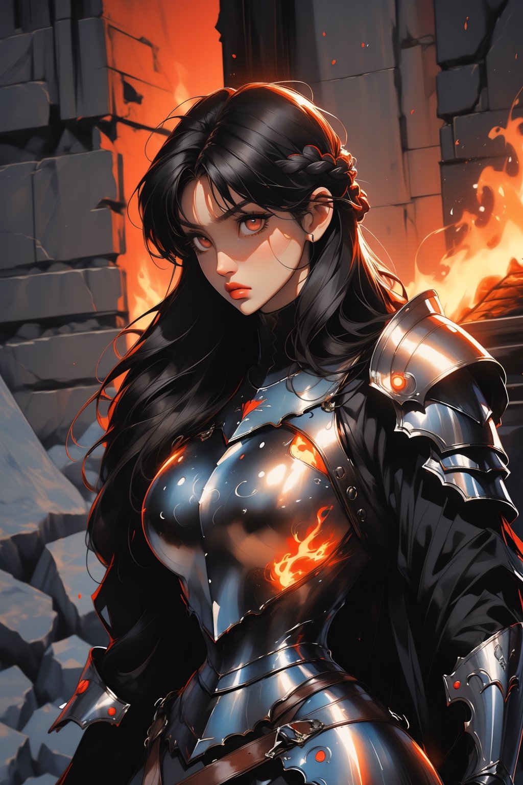 Beautiful 27 year old woman, ((red glowing eyes)), ((strong physique body)), (black hair), long_hair: 1.3, hair braid, bangs, serious look, hourglass body shape, detailed eyes, normal breasts quality, slim waist, (((strong physique body))), upper body knight armor, gauntlets, (detailed armor), lower body armor, broken stone floor, broken stone wall, fire surrounding, ((full-body_portrait)),nodf_lora,Masterpiece,1 girl ,disney pixar style,highres,score_9_up,score_8_up,score_7_up