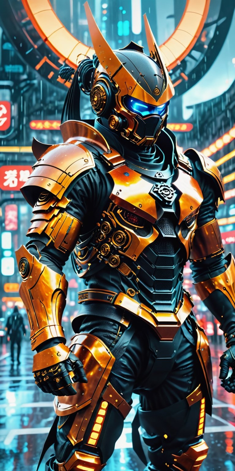 Create a man in futuristic ninja armor, black armor, full nano suit, background of futuristic tokyo, dark rainy day, highly detailed.,Movie Still,oni style,DonMPl4sm4T3chXL ,DonMCyb3rN3cr0XL 