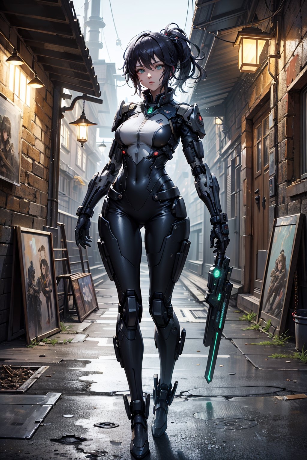 full body girl, (masterpiece+artwork+best quality+better), (extremely detailed 8k CG unity wallpaper), (environment details+detailed particles), {a cute girl+dark skin+intense+bright green detailed eyes}, [cute place background+soap bubbles+rustic lighting+steampunk+cyberpunk clothes], full_body., Energy light particle mecha