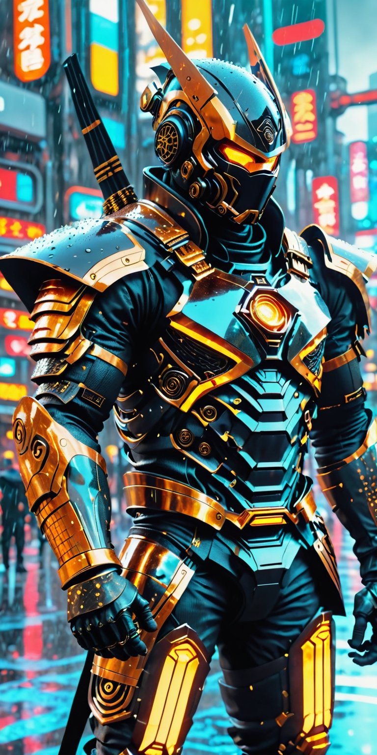 Create a man in futuristic ninja armor, black armor, full nano suit, background of futuristic tokyo, dark rainy day, highly detailed.,Movie Still,oni style,DonMPl4sm4T3chXL ,DonMCyb3rN3cr0XL 