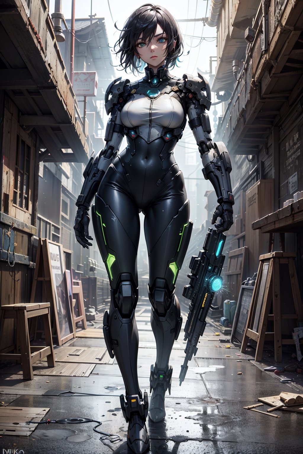 full body girl, (masterpiece+artwork+best quality+better), (extremely detailed 8k CG unity wallpaper), (environment details+detailed particles), {a cute girl+dark skin+intense+bright green detailed eyes}, [cute place background+soap bubbles+rustic lighting+steampunk+cyberpunk clothes], full_body., Energy light particle mecha