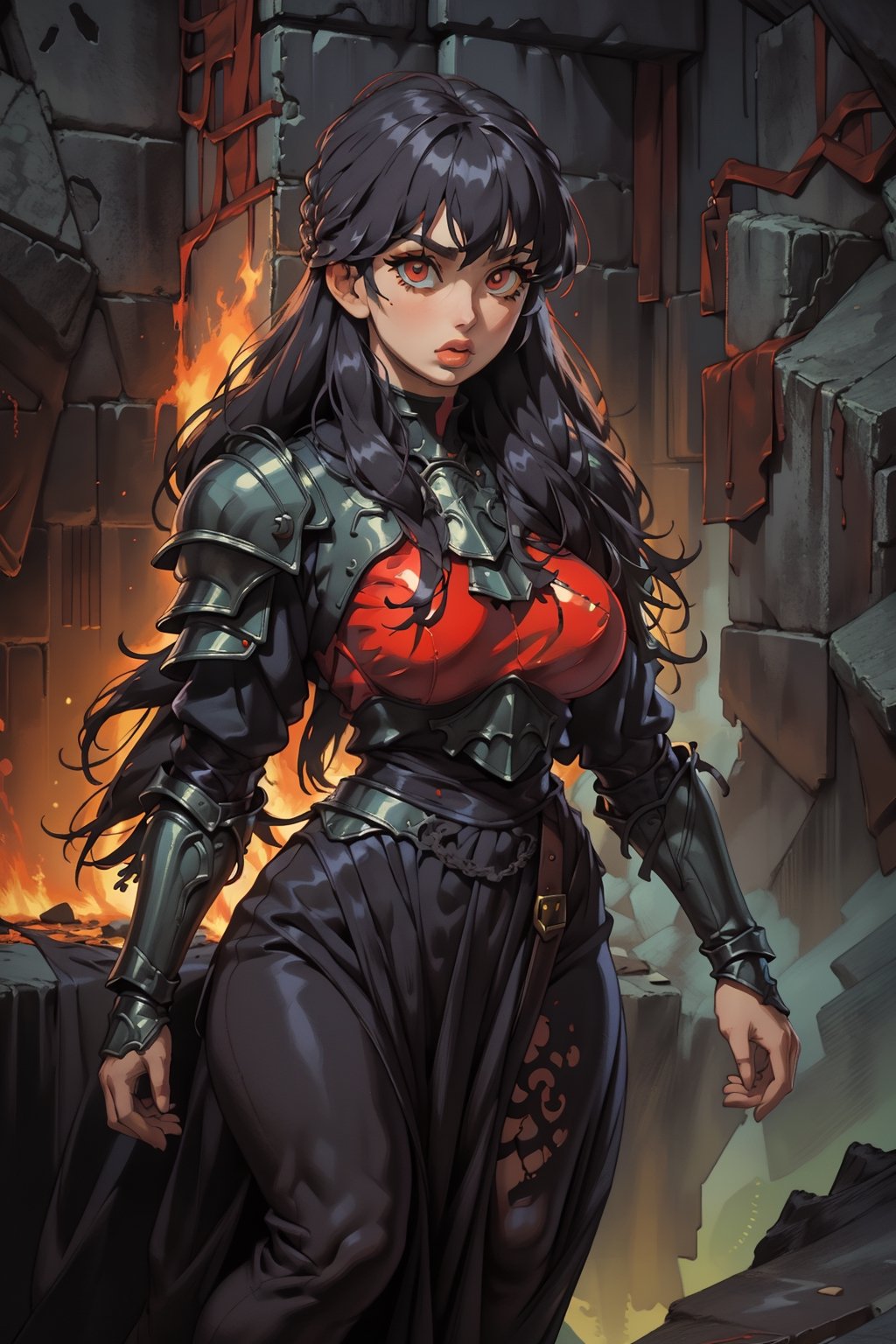 Beautiful 27 year old woman, ((red glowing eyes)), ((strong physique body)), (black hair), long_hair: 1.3, hair braid, bangs, serious look, hourglass body shape, detailed eyes, normal breasts quality, slim waist, upper body knight armor, gauntlets, (detailed armor), lower body armor, broken stone wall, fire surrounding, (((full-body_portrait))), ((full legs)), nodf_lora,Masterpiece,1 girl, highres, score_9_up,score_8_up,score_7_up,green theme,viking,SAM YANG,yunjindef,xiala