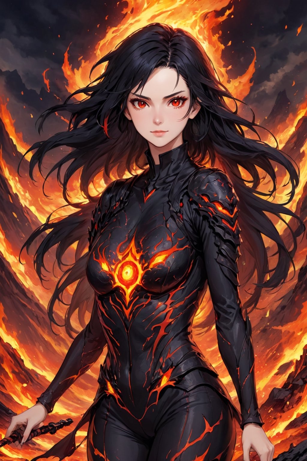 fyre colors picture about demonic female as a game character, we see incredibly beautiful creation with evil smile, she is a magma creation, very beautiful and dangerous also, cooled magma is her clothes, dystopic landscape, black hair, red eyes, (((masterpiece))), e, (((manga style))), insanely detailed, (((masterpiece))), best quality, 8k, ultra high res, High contrast and low saturation, by badabum27