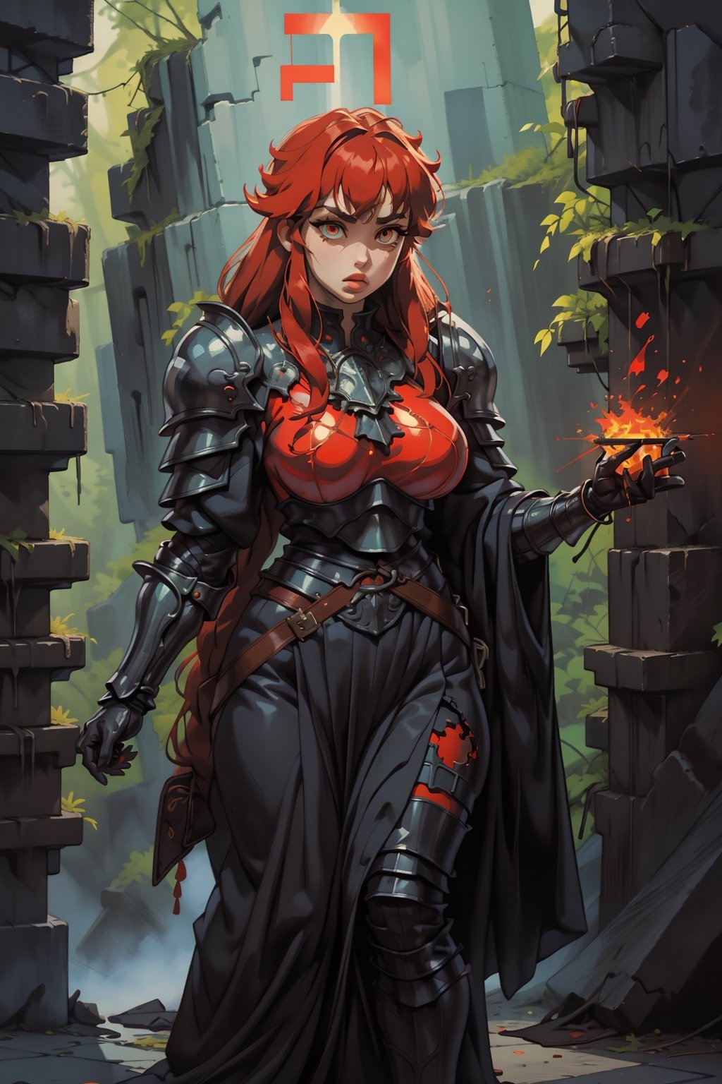 Beautiful 27 year old woman, ((red glowing eyes)), ((strong physique body)), (black hair), long_hair: 1.3, hair braid, bangs, serious look, hourglass body shape, detailed eyes, normal breasts quality, slim waist, upper body knight armor, gauntlets, (detailed armor), lower body armor, broken stone wall, fire surrounding, (((full-body_portrait))), ((correct legs)), nodf_lora,Masterpiece,1 girl, highres, score_9_up,score_8_up,score_7_up,green theme,viking,SAM YANG,yunjindef,xiala