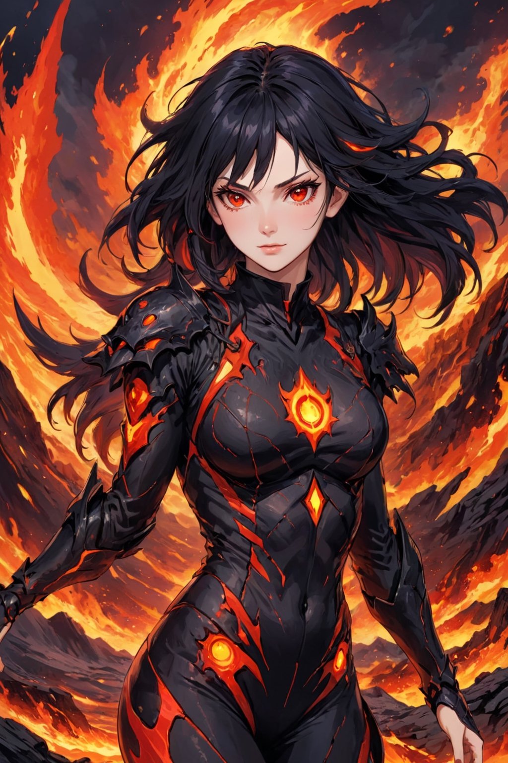 fyre colors picture about demonic female as a game character, we see incredibly beautiful creation with evil smile, she is a magma creation, very beautiful and dangerous also, cooled magma is her clothes, dystopic landscape, black hair, red eyes, (((masterpiece))), e, (((manga style))), insanely detailed, (((masterpiece))), best quality, 8k, ultra high res, High contrast and low saturation, by badabum27