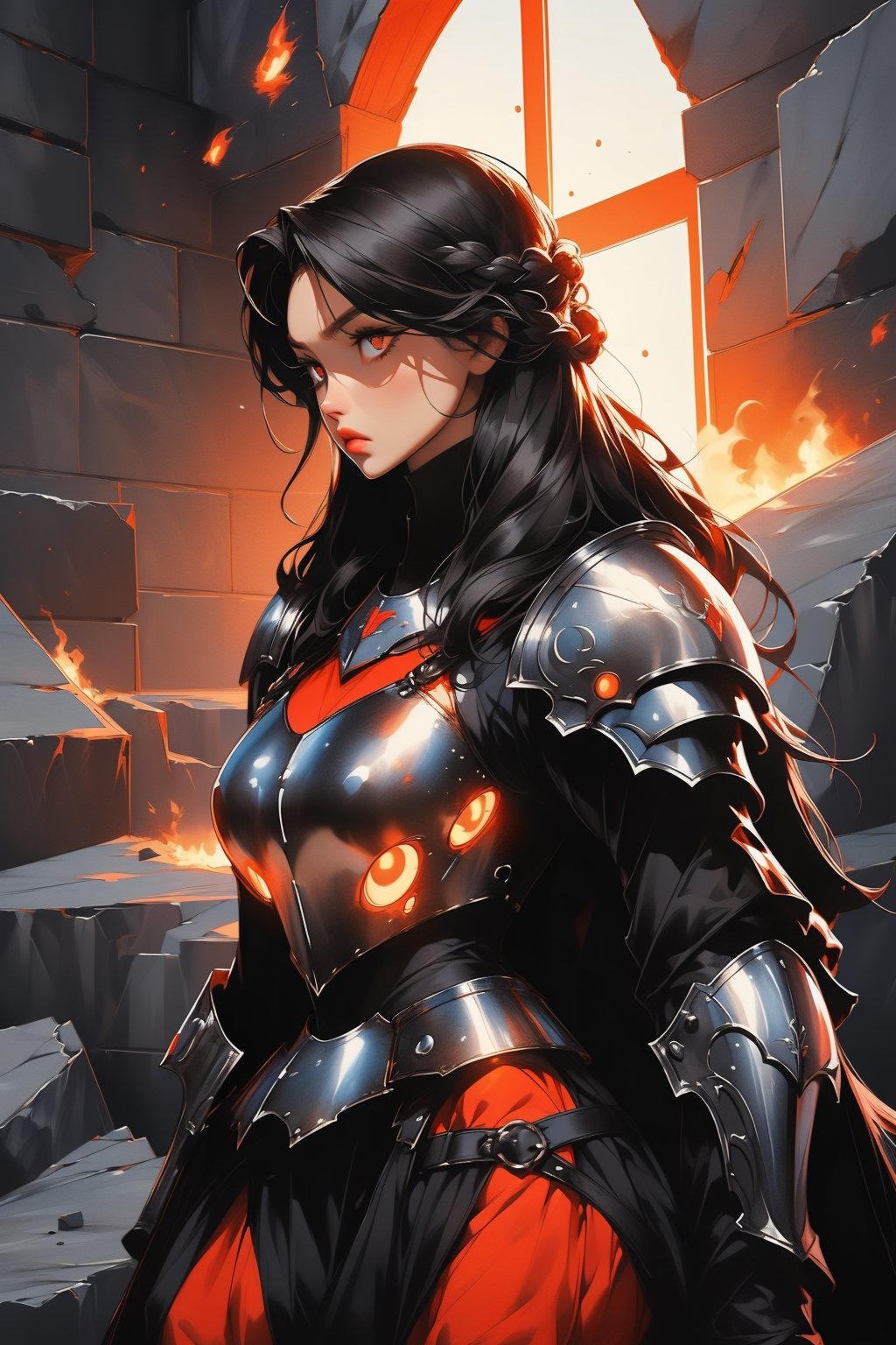 Beautiful 27 year old woman, ((red glowing eyes)), ((strong physique body)), (black hair), long_hair: 1.3, hair braid, bangs, serious look, hourglass body shape, detailed eyes, normal breasts quality, slim waist, (((strong physique body))), upper body knight armor, gauntlets, (detailed armor), lower body armor, broken stone floor, broken stone wall, fire surrounding, ((full-body_portrait)),nodf_lora,Masterpiece,1 girl ,disney pixar style,highres,score_9_up,score_8_up,score_7_up