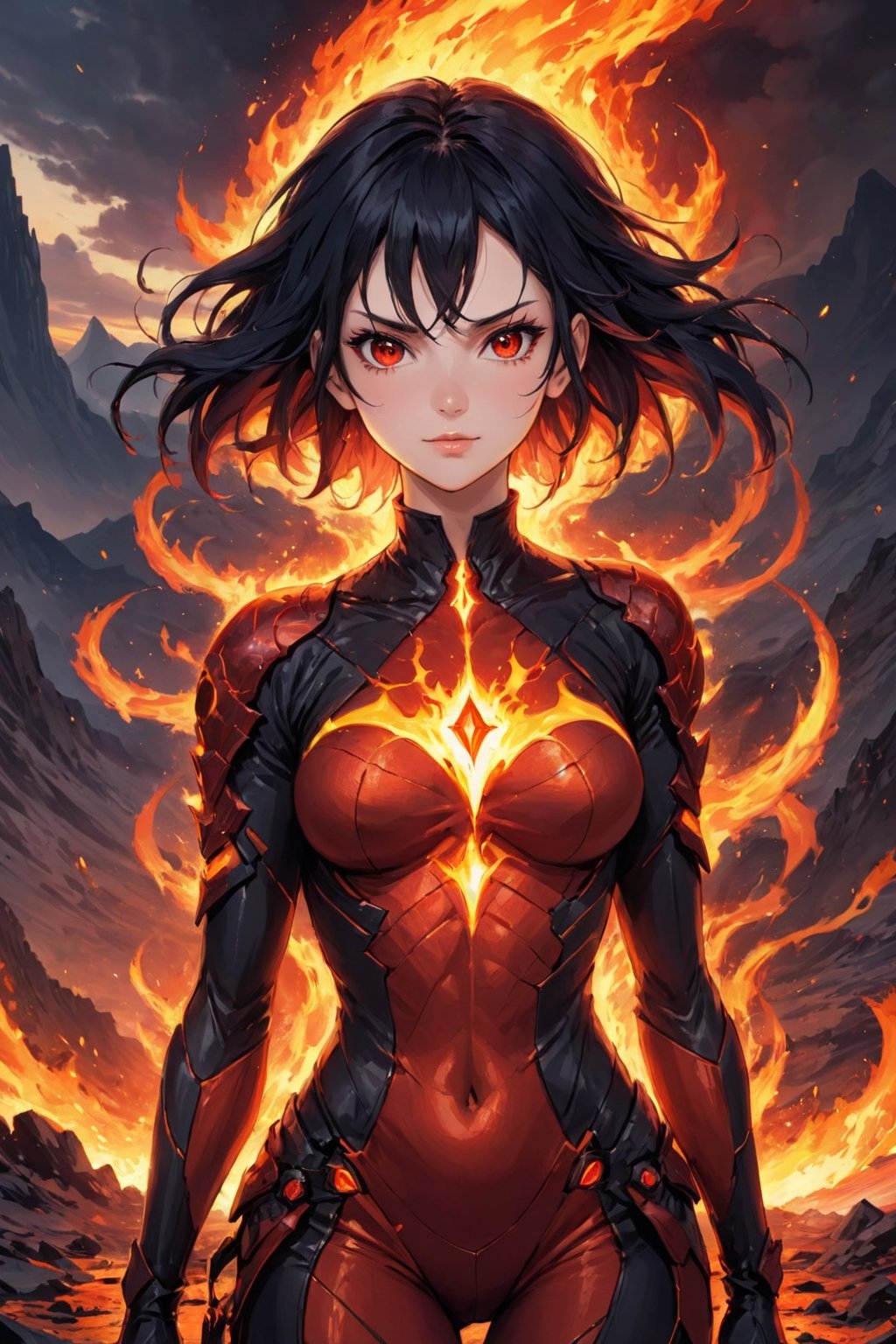 fyre colors picture about demonic female as a game character, we see incredibly beautiful creation with evil smile, she is a magma creation, very beautiful and dangerous also, cooled magma is her clothes, dystopic landscape, black hair, red eyes, (((masterpiece))), e, (((manga style))), insanely detailed, (((masterpiece))), best quality, 8k, ultra high res, High contrast and low saturation, by badabum27